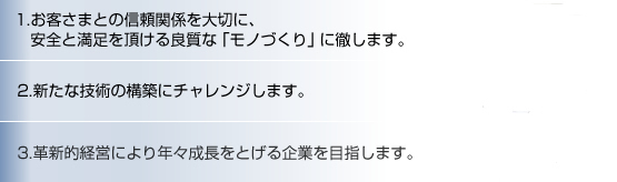 １．お客さまとの信頼関係を大切に、安全と満足を頂ける良質な「モノづくり」に徹します。２．新たな技術の構築にチャレンジします。３．革新的経営により年々成長をとげる企業を目指します。